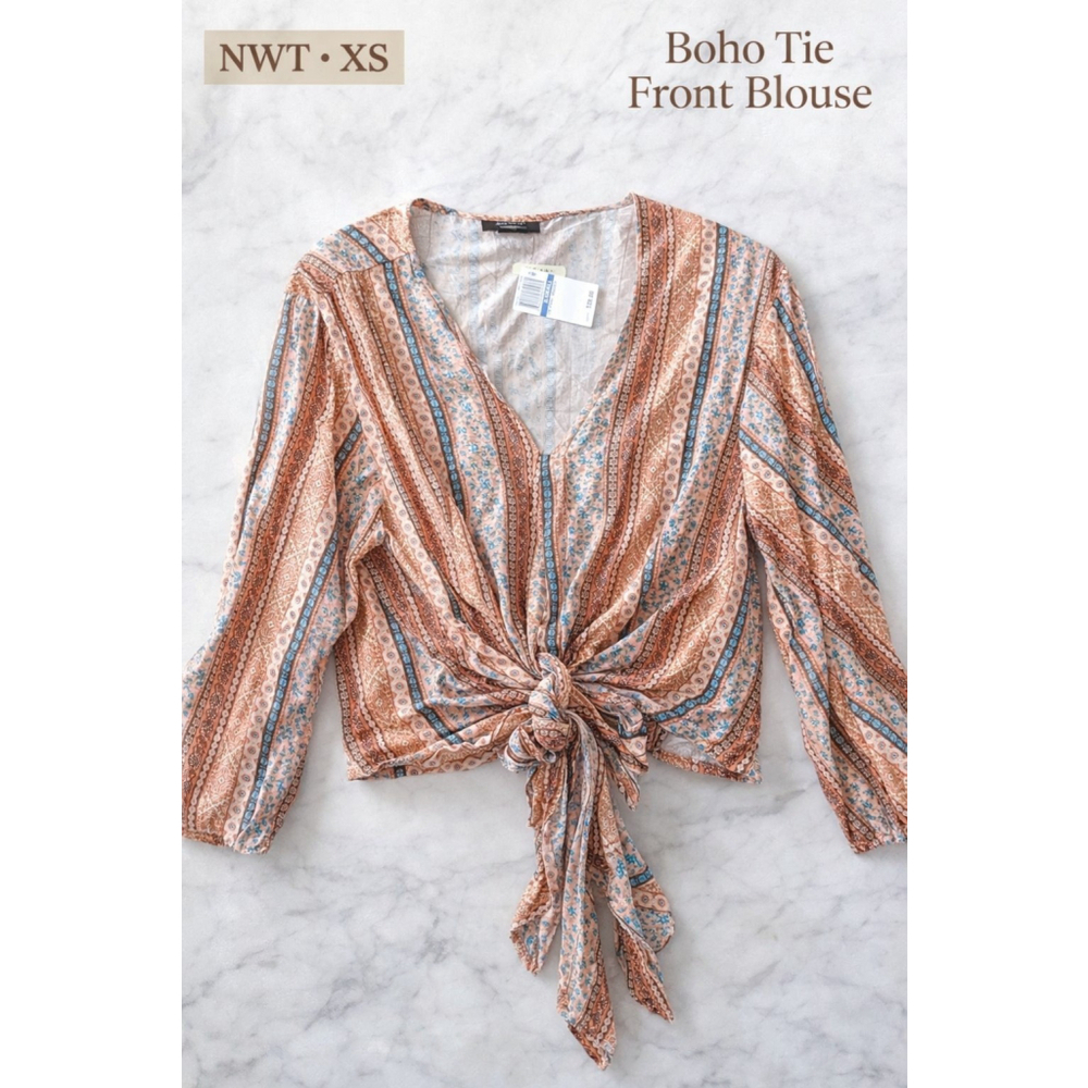 Coastal Boho Tie Front Blouse Floral Stripe Peasant Top Lightweight Festival Top